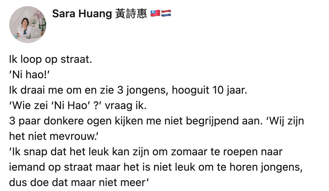 Sara spreekt kinderen aan die 'Ni Hao' naar haar roepen en legt uit waarom