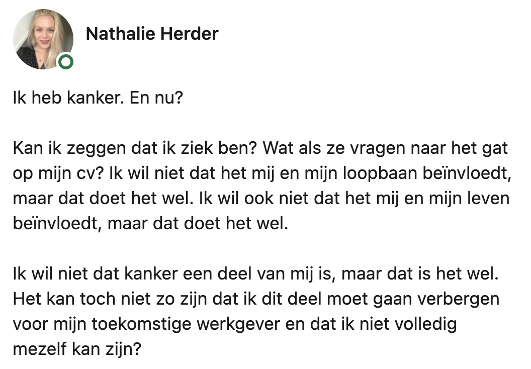 Nathalie ziet dat kanker 'op CV' probleem is en komt op voor lotgenoten