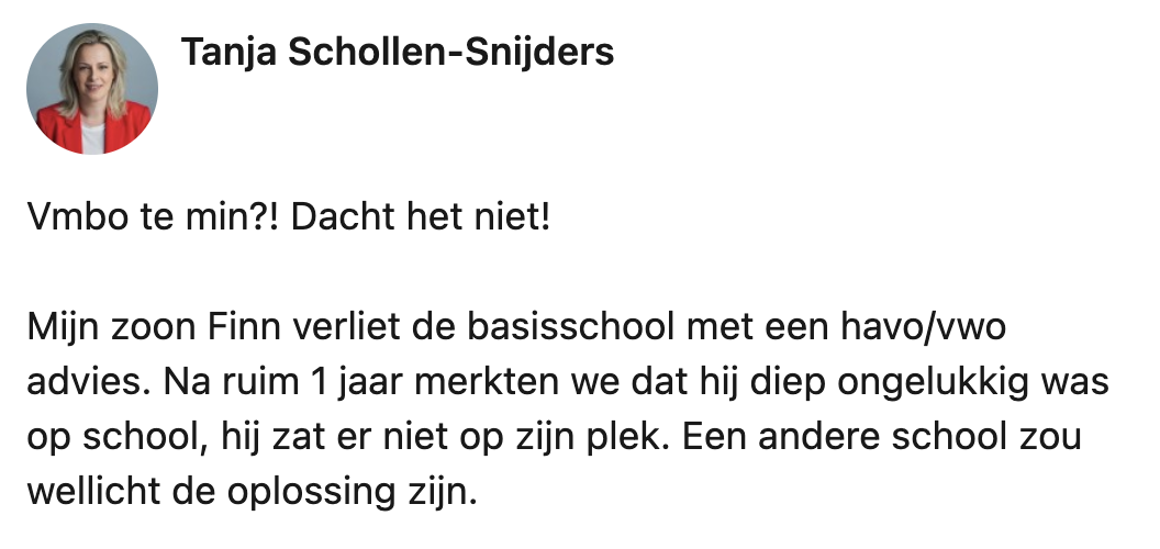 Tanja's zoon ging van havo/vwo naar bbl