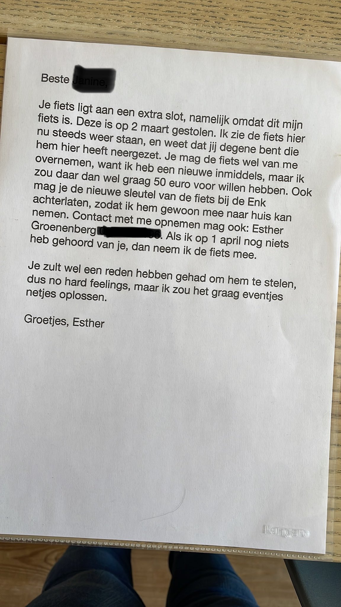 briefje gestolen fiets