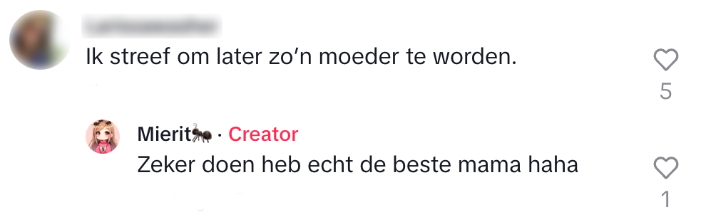 Wij wensen de toekomstige kinderen van deze TikTok-gebruiker alvast veel sterkte. "ik streef om later zo'n moeder te worden" "zeker doen heb echt de beste mama haha"